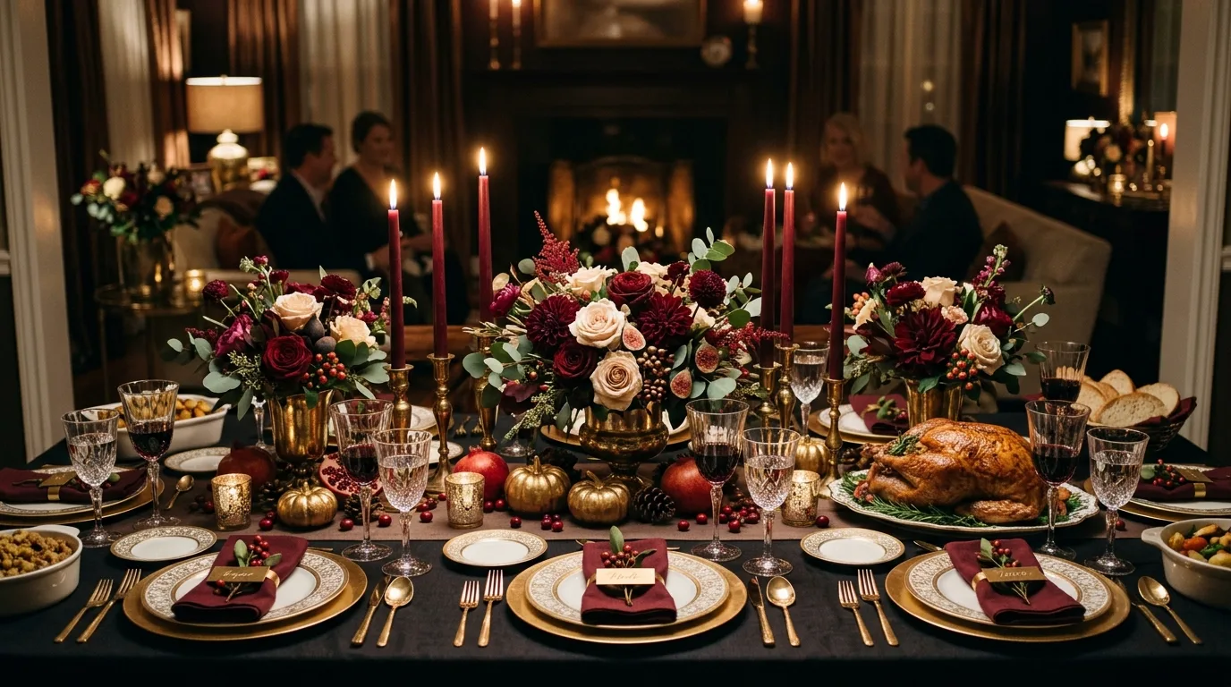 Style a garland of greenery and leaves for 12 Elegant Thanksgiving Centerpiece Ideas for a Grateful Table