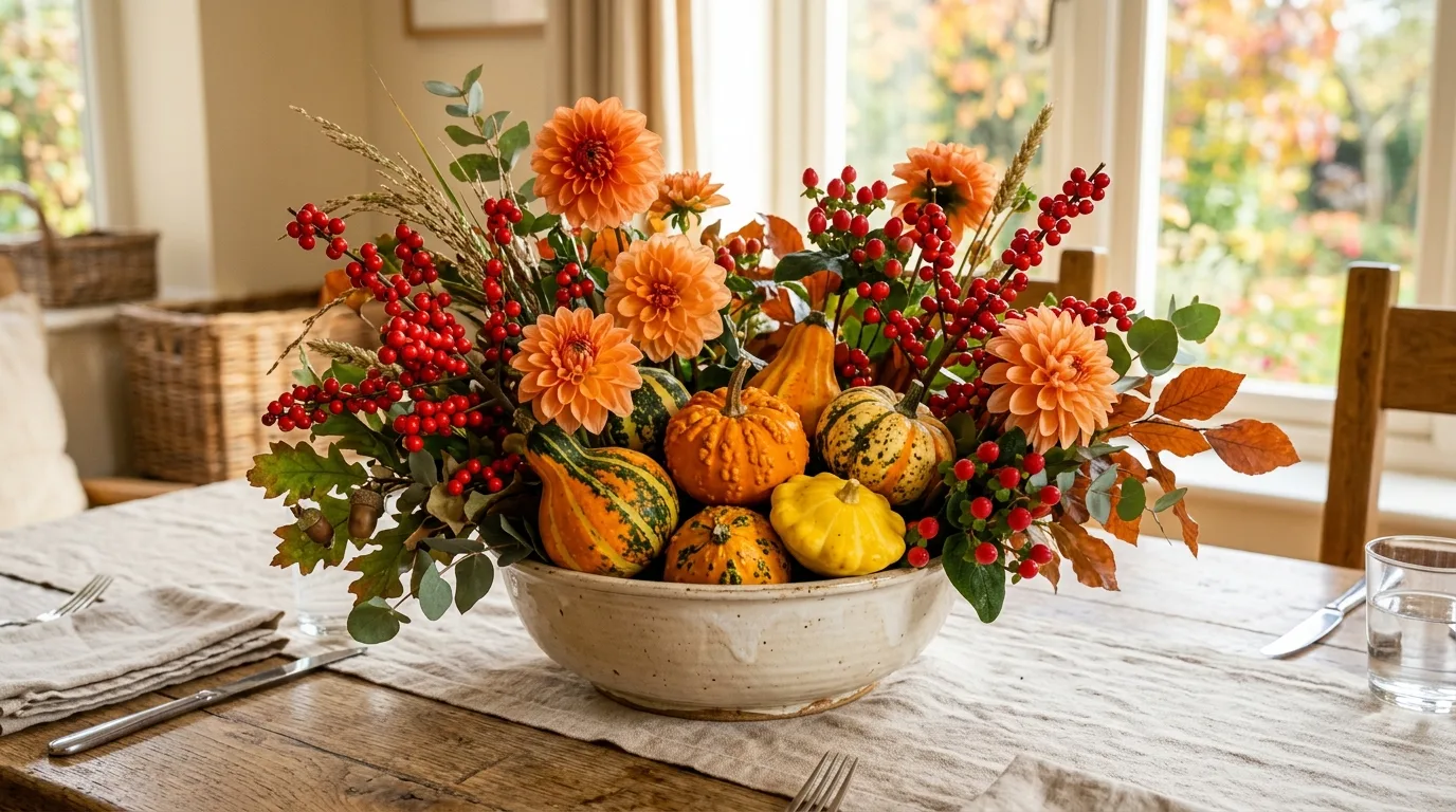 Use a lower centerpiece if the table is narrow for 12 Elegant Thanksgiving Centerpiece Ideas for a Grateful Table