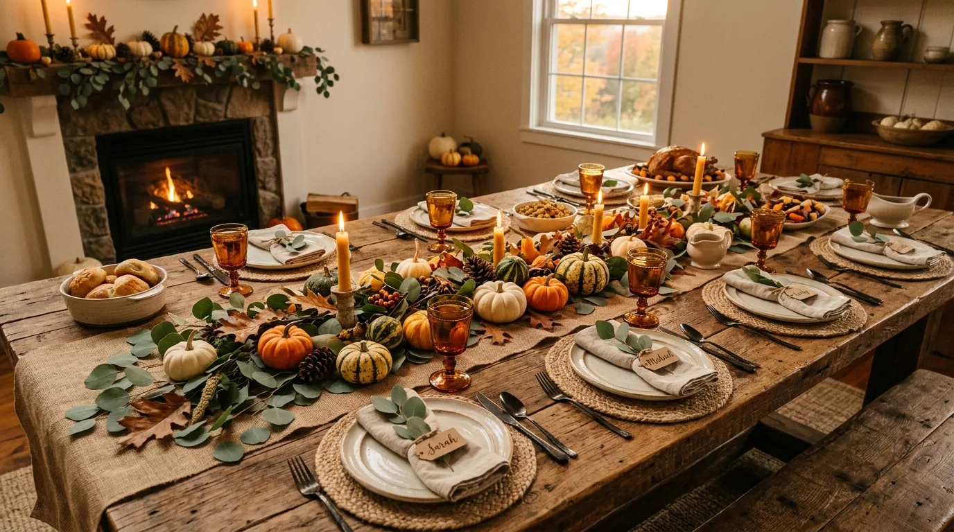 Use layered plates and chargers for 13 Beautiful Thanksgiving Tablescape Ideas to Wow Your Guests