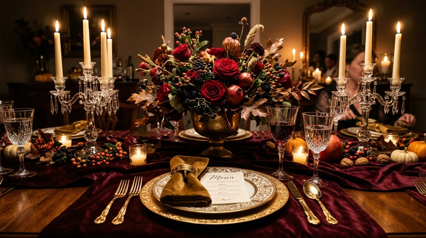 Use greenery to soften the table for 13 Beautiful Thanksgiving Tablescape Ideas to Wow Your Guests
