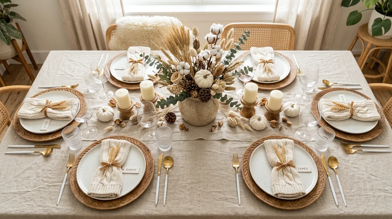 Choose warm, muted colors for 13 Beautiful Thanksgiving Tablescape Ideas to Wow Your Guests