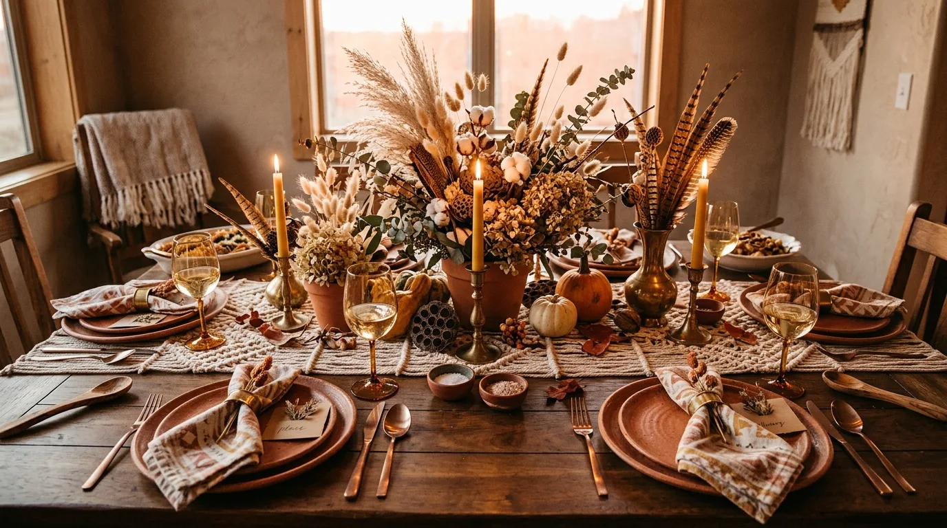 Use natural materials like wood or woven chargers for 13 Beautiful Thanksgiving Tablescape Ideas to Wow Your Guests