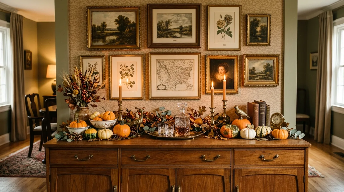 Style sideboards and shelves with restraint for 13 Timeless Vintage Fall Decor Ideas for a Nostalgic Autumn