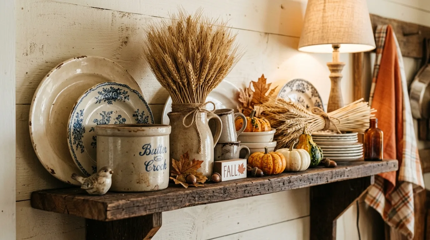 Add dried florals and wheat for 13 Timeless Vintage Fall Decor Ideas for a Nostalgic Autumn