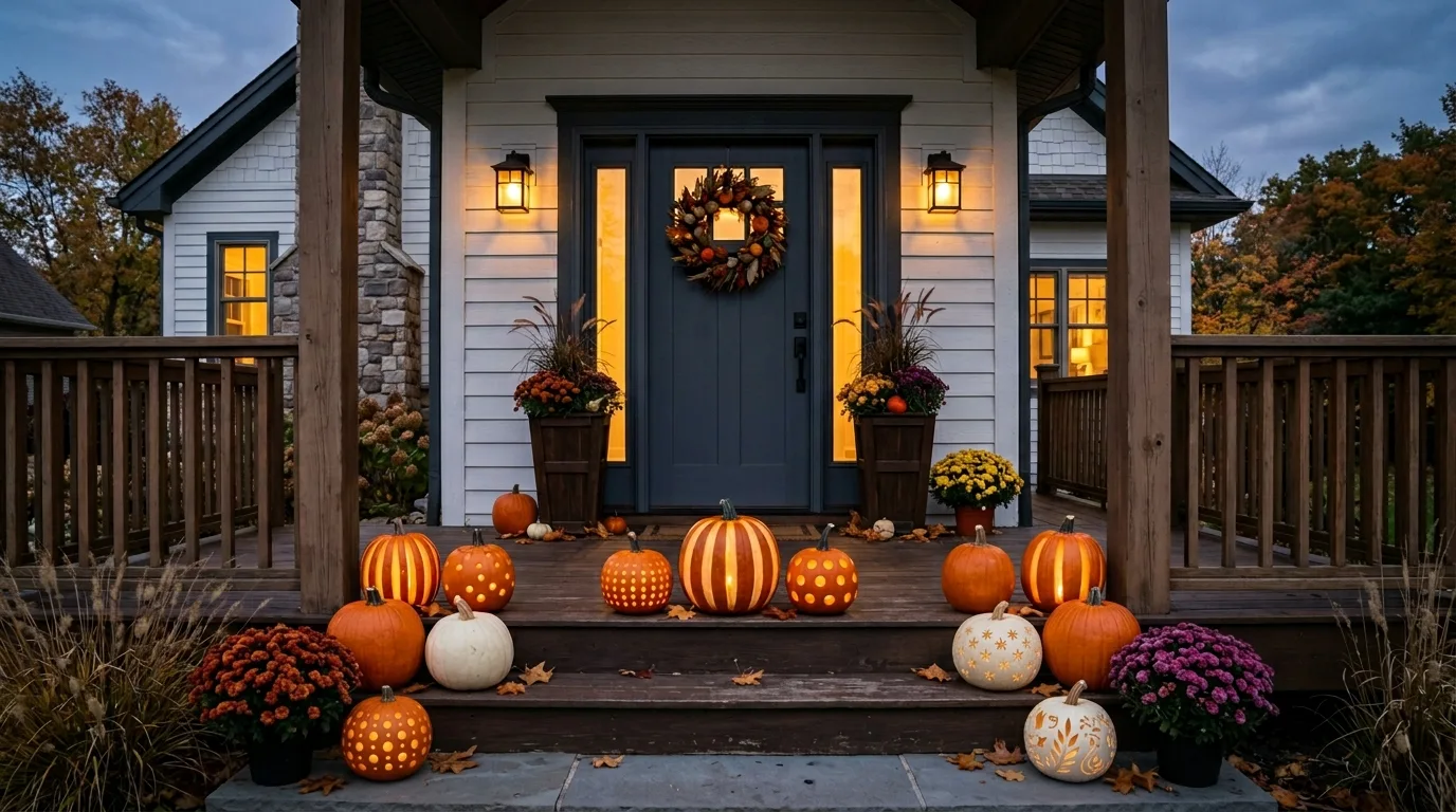 Arrange with symmetry or clean repetition for 11 Unique Pumpkin Carving Ideas for a Sophisticated Halloween Porch