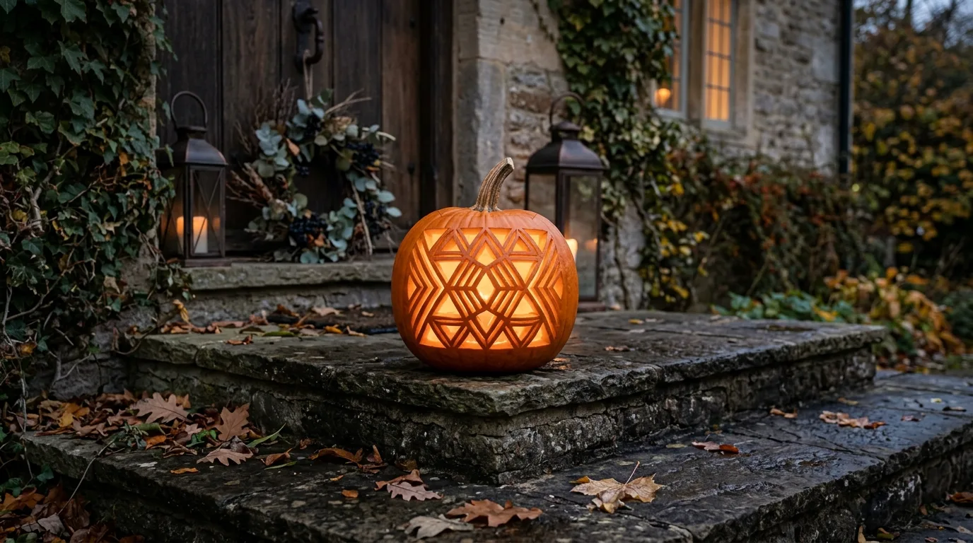 Use geometric carving lines for 11 Unique Pumpkin Carving Ideas for a Sophisticated Halloween Porch