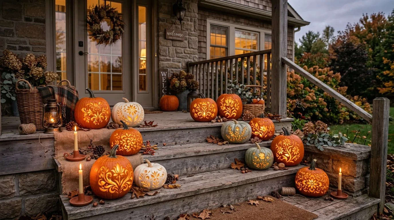 Carve florals or vines for 11 Unique Pumpkin Carving Ideas for a Sophisticated Halloween Porch