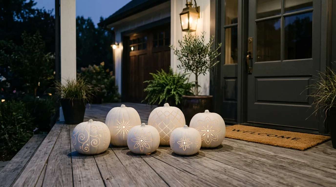 Carve white pumpkins for a cleaner look for 11 Unique Pumpkin Carving Ideas for a Sophisticated Halloween Porch