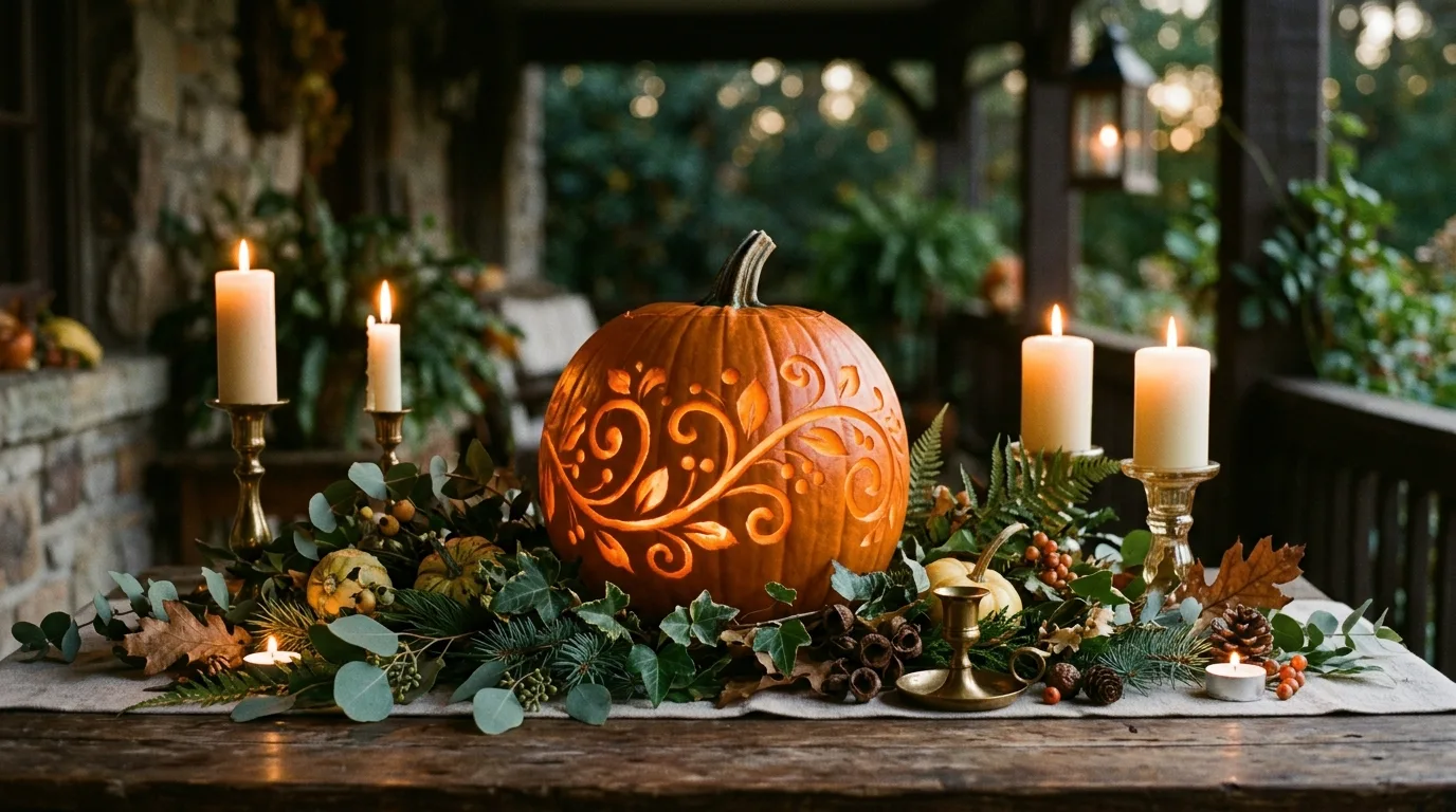 Mix carved and uncarved pumpkins for 11 Unique Pumpkin Carving Ideas for a Sophisticated Halloween Porch
