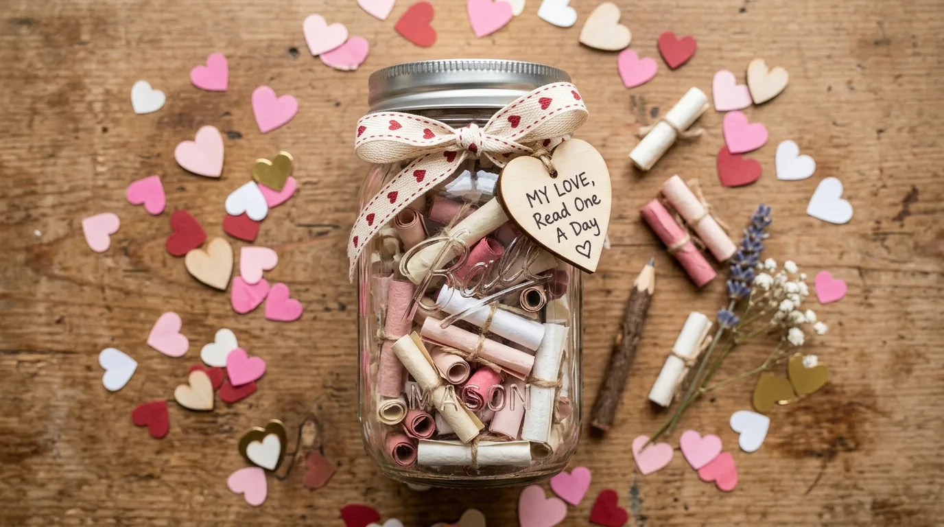 Add heart cutouts or decals for 14 Adorable Valentine's Day Mason Jar Craft Ideas for Decor