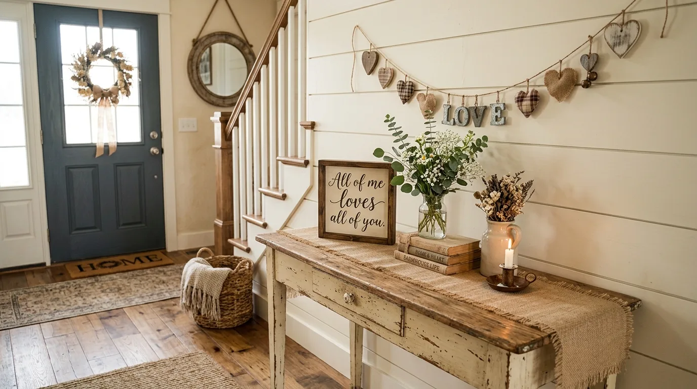 Style a rustic wreath with ribbon for 13 Charming Valentine's Day Rustic Decor Ideas for Farmhouse Romance