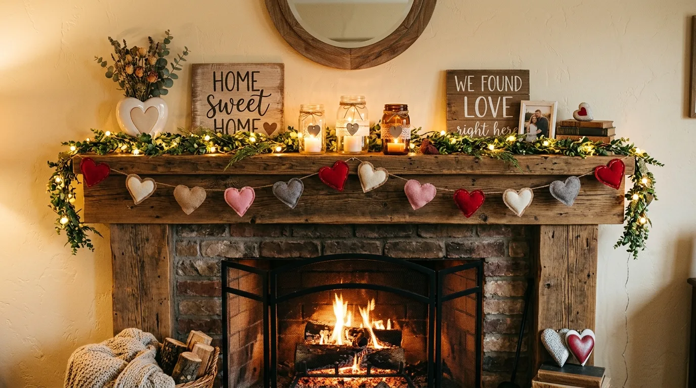 Add vintage-style signs or quotes for 13 Charming Valentine's Day Rustic Decor Ideas for Farmhouse Romance