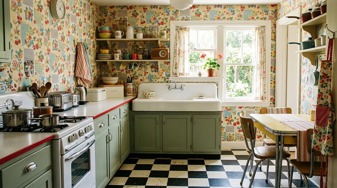 Use wallpaper or patterned flooring thoughtfully for 11 Wonderful Vintage Kitchen Designs with Timeless Charm