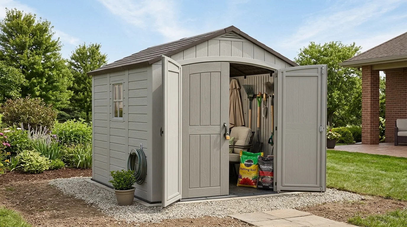Use a full shed for larger equipment for 12 Weatherproof Outdoor Storage Solutions for Patio Gear