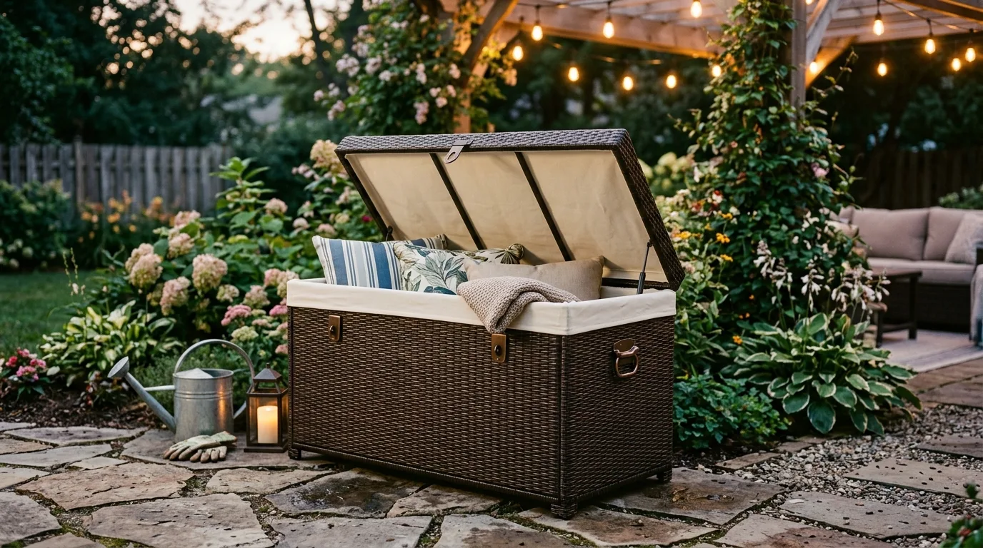 Try a wicker chest with a liner for 12 Weatherproof Outdoor Storage Solutions for Patio Gear