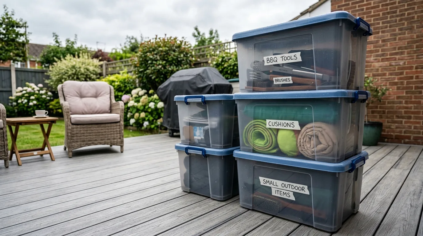 Stack waterproof bins for smaller items for 12 Weatherproof Outdoor Storage Solutions for Patio Gear
