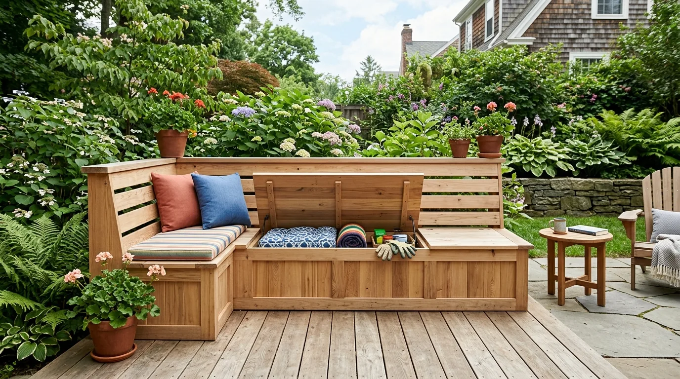 Build storage into the deck seating for 12 Weatherproof Outdoor Storage Solutions for Patio Gear