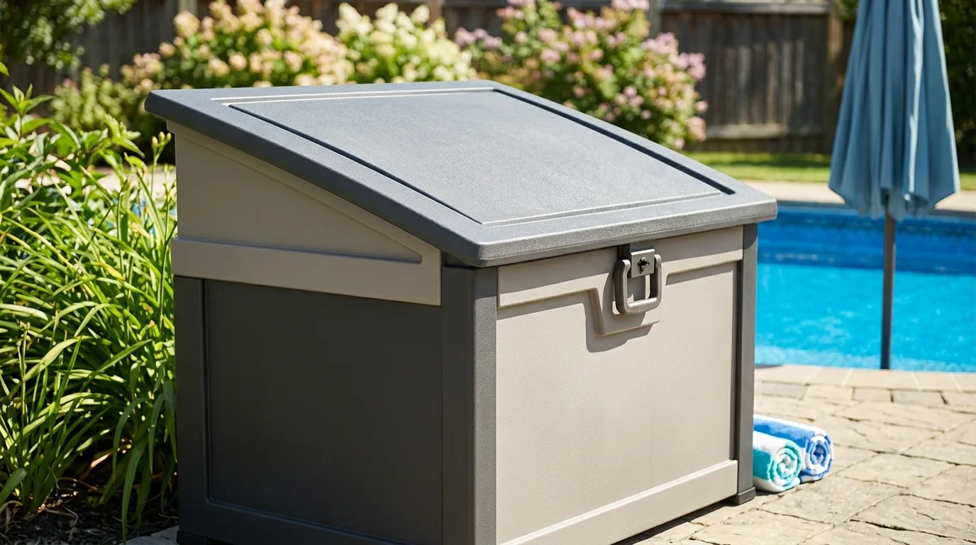 Use a chest with a slanted lid or roof for 12 Weatherproof Outdoor Storage Solutions for Patio Gear