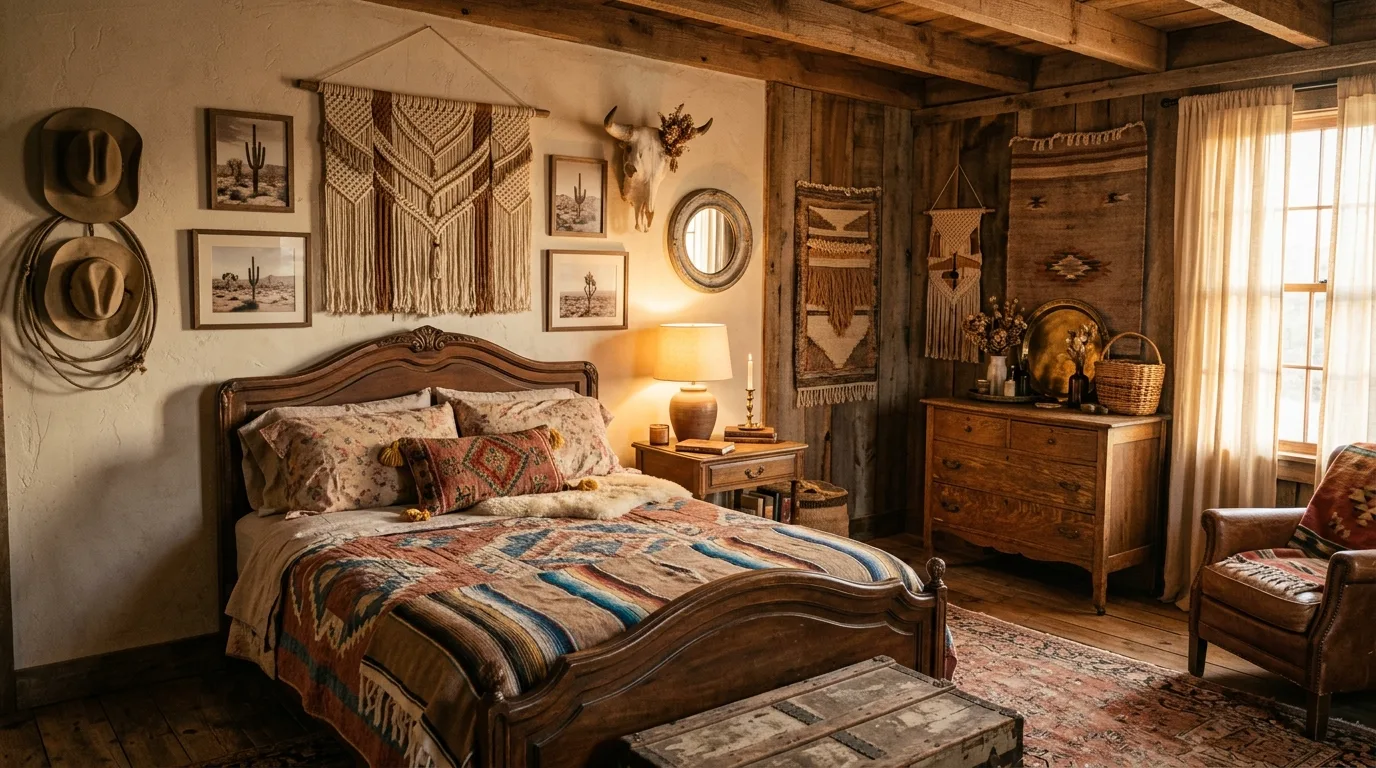 Layer one strong rug for 10 Trendy Western Boho Bedroom Ideas for Free-Spirited Style