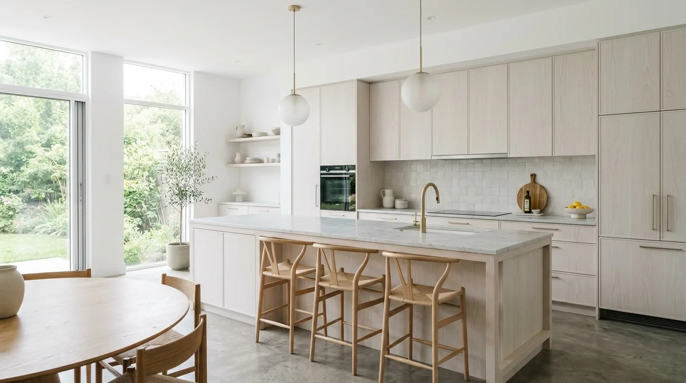 Build around a large island when possible for 12 Beautiful White Washed Oak Cabinets for a Bright Kitchen