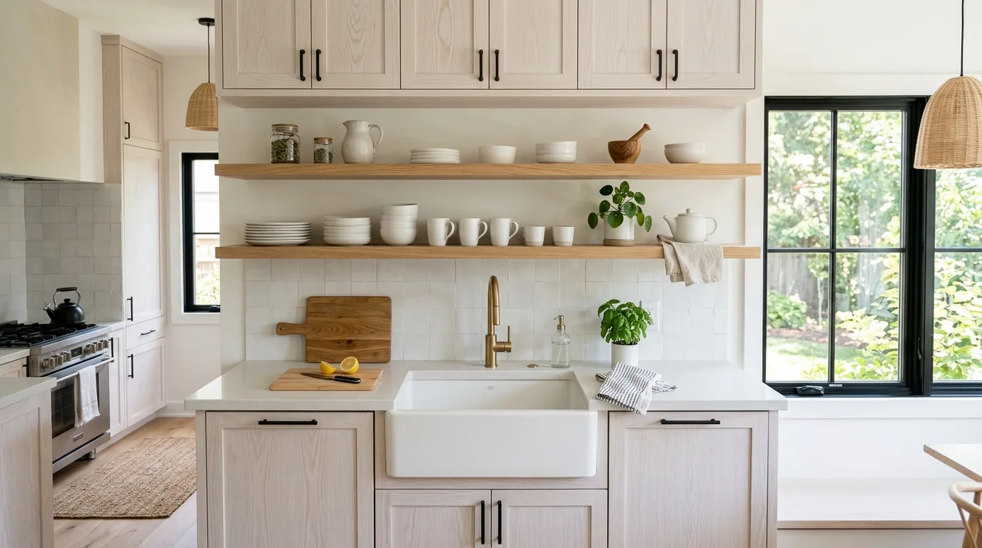 Mix cabinetry with open shelving for 12 Beautiful White Washed Oak Cabinets for a Bright Kitchen
