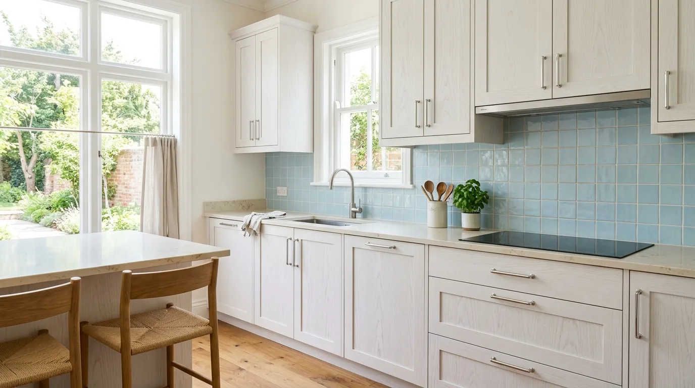 Try a soft colored backsplash for 12 Beautiful White Washed Oak Cabinets for a Bright Kitchen