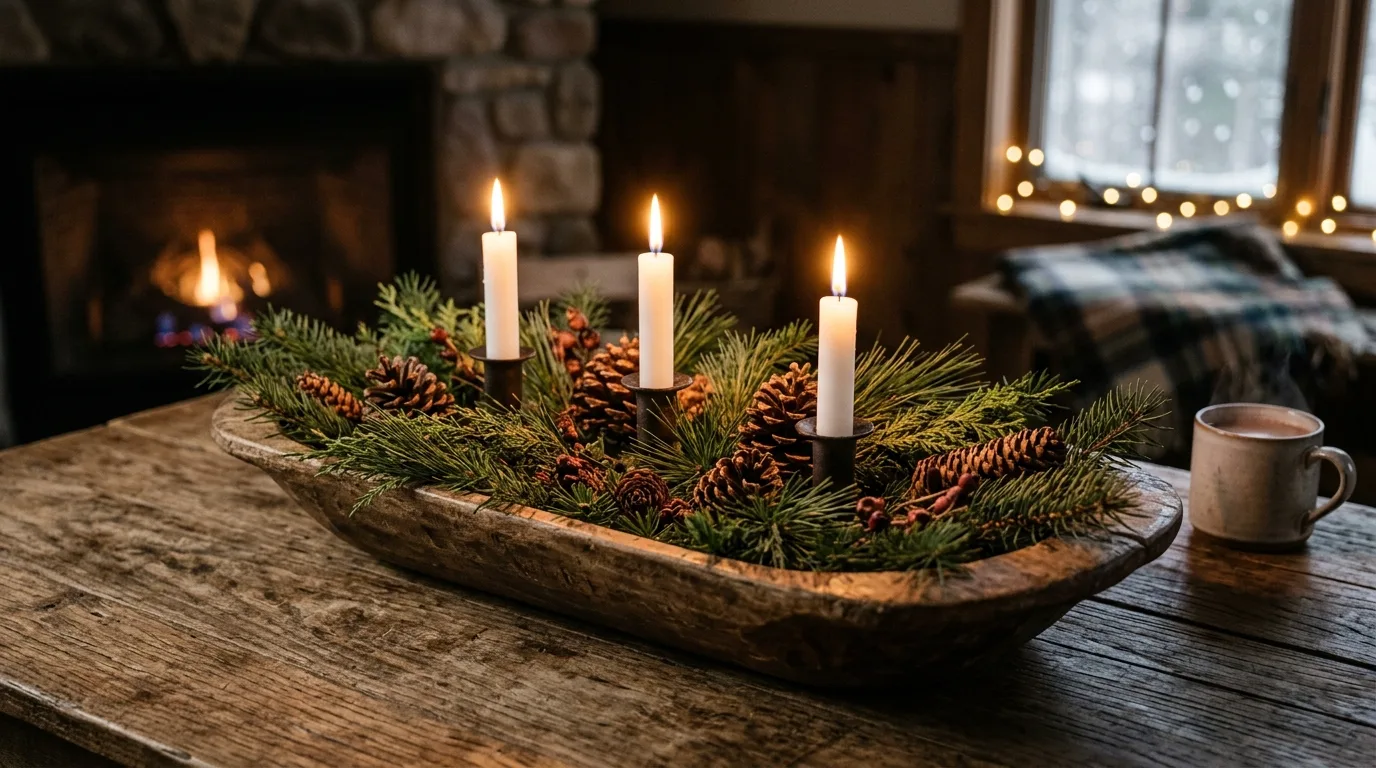 Let the wood bowl stay visible for 12 Charming Winter Dough Bowl Centerpiece Ideas for a Rustic Touch