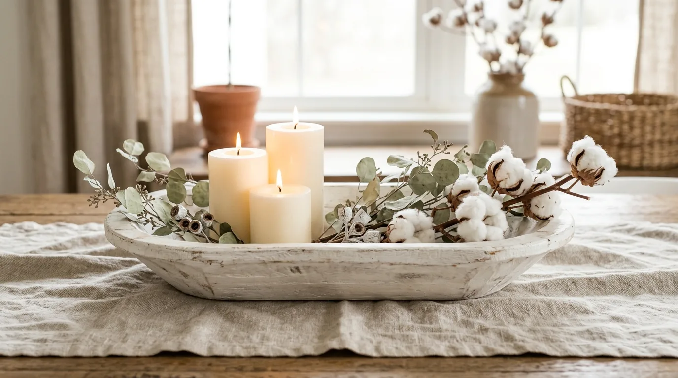 Add pinecones for natural texture for 12 Charming Winter Dough Bowl Centerpiece Ideas for a Rustic Touch