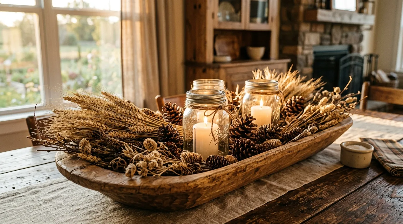 Use dried stems for height for 12 Charming Winter Dough Bowl Centerpiece Ideas for a Rustic Touch